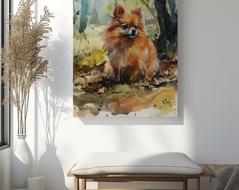 Watercolour Pomeranian wall art canvas print, dog painting home decor, pet lover gift, Dog portrait artwork on canvas