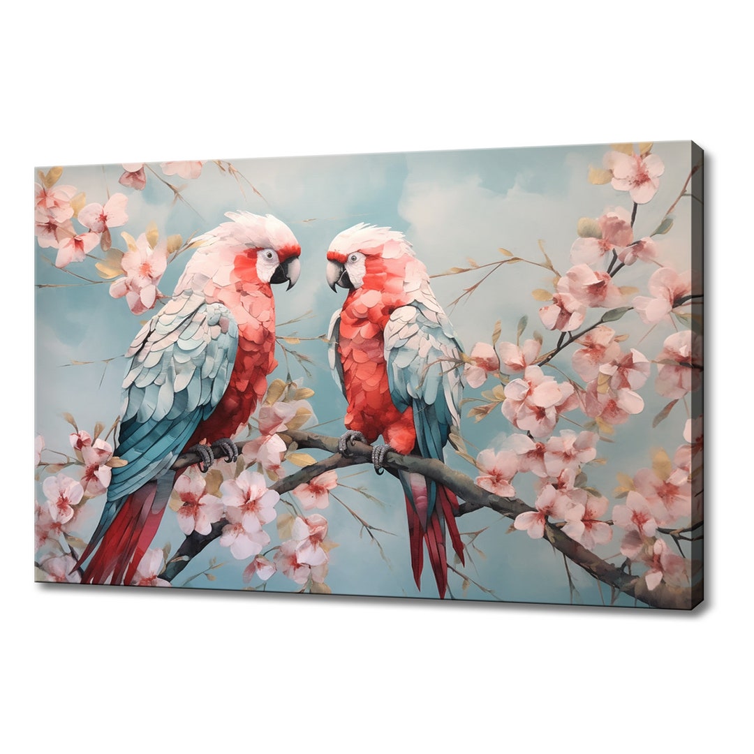 Zwei Blau Rote Papageien Liebe Vögel Auf Blühenden Baum Etsy.de
