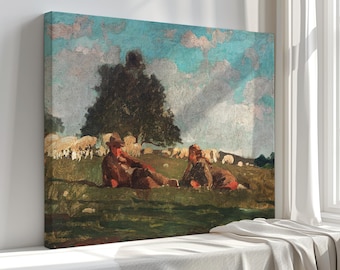 Winslow Homer Canvas Print: Vintage Boy Girl and Sheep Art