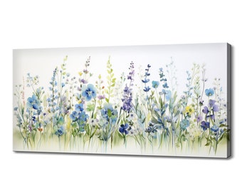Blue Purple Wildflowers Art Print | Meadow Flowers Canvas Print | Watercolour Botanical Floral Wall Hanging | Colourful Flowers Wall Art