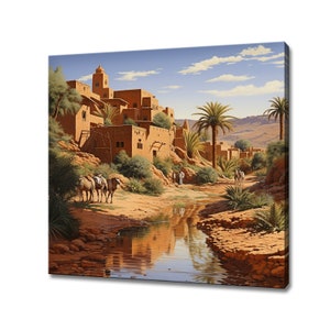 A Village In Morocco Art Print | Canvas Wall Hanging Picture | Landscape Farmhouse Home Decor | Colourful Canvas Print | Morocco Countryside