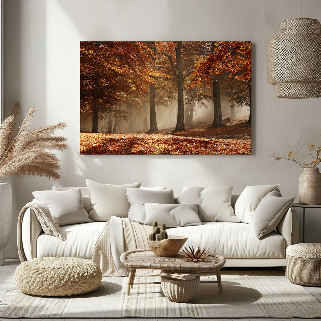 Golden Light in Misty Autumn Forest Canvas Wall Art Print, Rustic ...