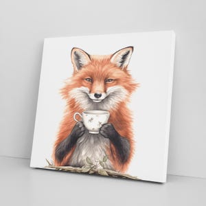 Red Fox Drinking Tea Painting Canvas Print Wall Art – Woodland Animals Rustic Decor – Cute Illustration for Nursery, Bedroom or Living Room