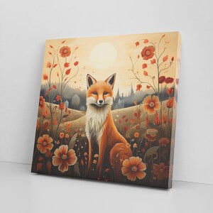 Red Fox & Meadow Flowers Canvas Print Wall Art – Woodland Animals Rustic Decor – Cute Illustration for Nursery, Bedroom or Living Room