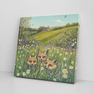 Baby Foxes in the Meadow Canvas Print Wall Art – Woodland Animals Rustic Decor – Cute Illustration for Nursery, Bedroom or Living Room