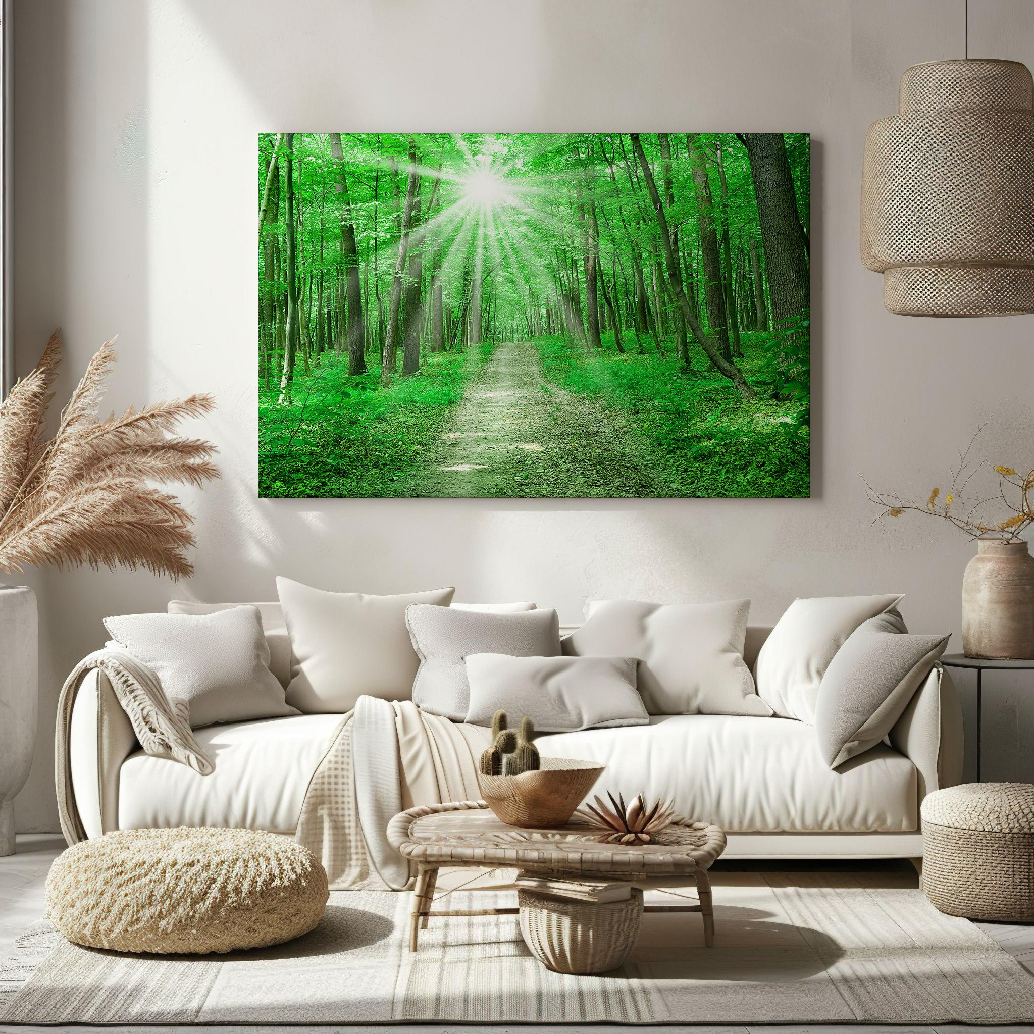 Green Forest Path Canvas Print, Sunlit Woods Landscape Wall Art