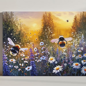 Impressão em tela de abelhas ao amanhecer – Arte de parede de prado com paisagem florestal – Cena de natureza pacífica para decoração de quarto, sala de estar ou chalé