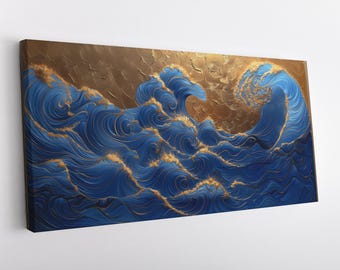 May include: Abstract painting of blue and gold waves crashing against a golden background. The waves are stylized and have a textured look.