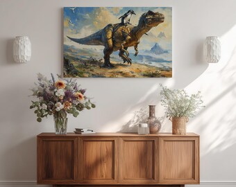 Penguin riding a Dinosaur Canvas Print – Colourful Wildlife Wall Art