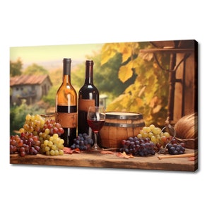 Red Wine Bottles Grapes Canvas Print | Tuscany Vineyard Sunset Italian Art | Wine Lover Gift Wall Hanging | Kitchen Restaurant Wall Art
