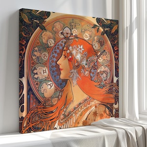 Sternzeichen Mädchen Alphons Mucha Leinwanddruck - Jugendstil Wandkunst - Vintage dekorative Illustration für elegante, romantische oder klassische Interieurs