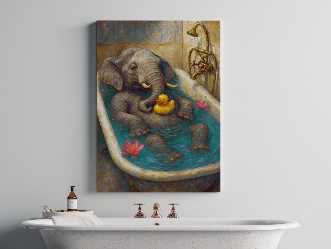 Baby Elephant in Bathtub Canvas Print Wall Art – Whimsical Animal ...