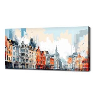 Brussels Capital Of Belgium Canvas Print Wall Art, Famous Landmarks Skyline Colourful Painting Print, Modern Design Home Office Decor