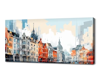 Brussels Skyline Canvas Print, Colorful Watercolor Cityscape Wall Art