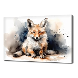 Cute Fox Cub Watercolour Canvas Print | Animals Canvas Picture | Fox Lovers Gift Painting Wall Hanging | Wall Art Print On Canvas