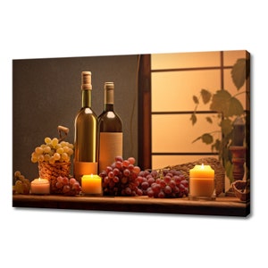 Wine Bottles Grapes Candles Canvas Print | Tuscany Vineyard Italian Art | Wine Lover Gift Wall Hanging | Kitchen Restaurant Wall Art Print