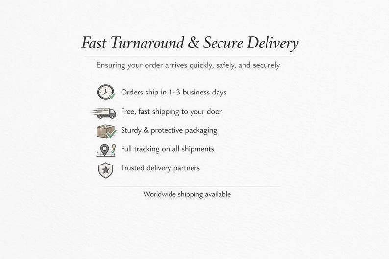 May include: A white informational graphic with black text titled Fast Turnaround & Secure Delivery. It lists five points: orders ship in 1-3 business days, free fast shipping, sturdy packaging, full tracking, and trusted delivery partners.