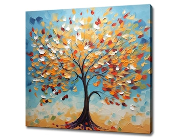 Abstract Orange Yellow Colourful Tree Oil Painting Style Canvas Print, Modern Landscape Wall Art Print, Countryside Picture Wall Hanging
