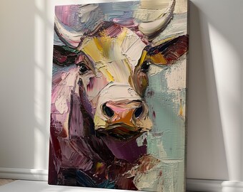 Cuadro de vaca a color, impresión en lienzo – Decoración contemporánea para el hogar – Obra de arte de alta calidad para colgar en la pared, ideal para cualquier estilo de interior.