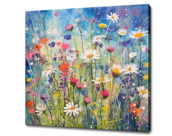 Colourful Wildflowers Daisies Meadow Field Watercolour Painting Style Canvas Print, Modern Floral Wall Art Print, Botanical Art Prints