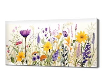Lámina artística de flores silvestres moradas y amarillas en pradera / Lienzo impreso de flores de pradera / Adorno de pared floral botánico en acuarela / Arte de pared con flores