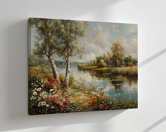 Summer Landscape Canvas Print, Lakeside Wildflowers, Elegant Home Decor