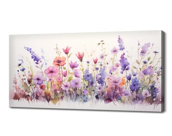 Lámina artística de flores silvestres de color rosa púrpura / Lienzo impreso de flores de pradera / Adorno de pared floral botánico en acuarela / Arte de flores coloridas