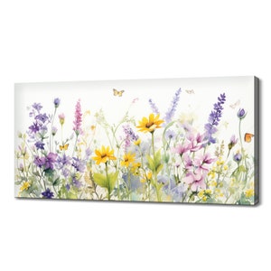 Impressão de arte de campo de flores silvestres coloridas | Impressão em tela de flores do prado | Tapeçaria de parede floral botânica em aquarela | Arte de parede de flores silvestres