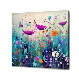 Colourful Wildflowers Field Meadow Watercolour Painting Style Canvas Print, Modern Floral Wall Art Print, Colourful Botanical Art Prints