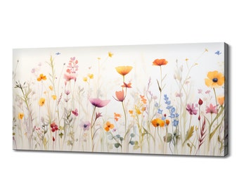 Lámina artística de delicadas flores silvestres / Lienzo con estampado de flores de pradera / Adorno de pared floral botánico en acuarela / Decoración de pared con flores coloridas