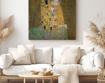 The Kiss, Gustav Klimt Painting Reproduction, Canvas Print Wall Art, Classic Artwork for Living Room Decor