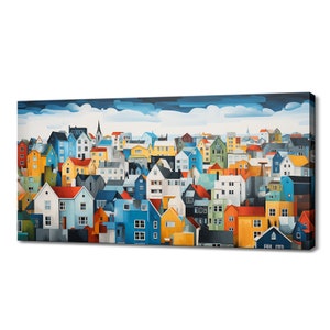 Reykjavík Capital Of Iceland Canvas Print Wall Art, Modern Design Home Office Decor, Famous Landmarks Skyline Colourful Painting Print