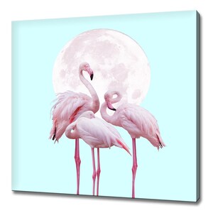 Pink flamingo birds moon canvas art print wall hanging handmade home decor customised gifts colourful animals wall art fast free uk delivery