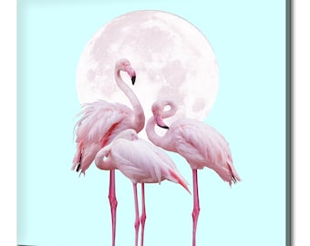Pink flamingo birds moon canvas art print wall hanging handmade home decor customised gifts colourful animals wall art fast free uk delivery
