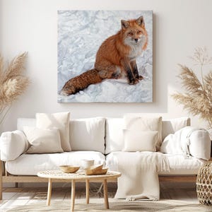 Red Fox in the Snow Canvas Print Wall Art – Woodland Animals Rustic Decor – Cute Red Foxes Illustration for Nursery, Bedroom or Living Room