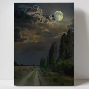Vollmond Landschaft Leinwanddruck, minimalistische Wandkunst, modernes Wohndekor, neutrale Schlafzimmerdekoration, zeitgenössisches Kunstwerk für Wohnzimmer