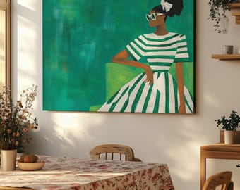 Modern Abstract Canvas Wall Art – Elegant Young Woman in Green Dress – Contemporary Minimalist Painting for Living Room or Bedroom Decor