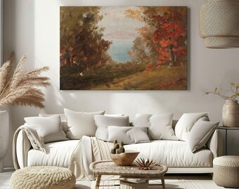 Woodland Scene in Autumn vintage nature illustration by Frederic Edwin Church, canvas wall art print, autumn forest landscape art