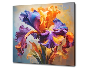 Beautiful Iris Flower Stem Oil Painting Style Canvas Print, Modern Floral Print, Botanical Art Picture Wall Hanging, Bright Floral Prints