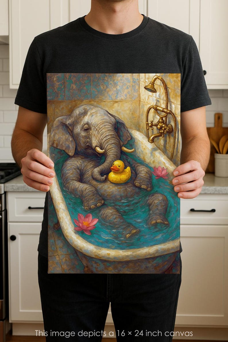 Baby Elephant in Bathtub Canvas Print Wall Art – Whimsical Animal ...