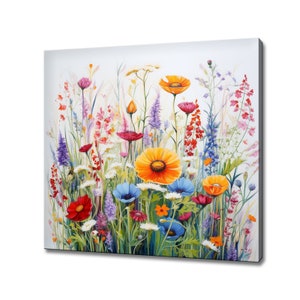 Colourful Field Of Wildflowers Oil Painting Style Canvas Print, Modern Floral Wall Art Print, Botanical Art Prints, Wild Flower Wall Art
