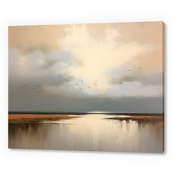 Moody Landscape Canvas Print, Birds Above Lake, Rustic Farmhouse Art