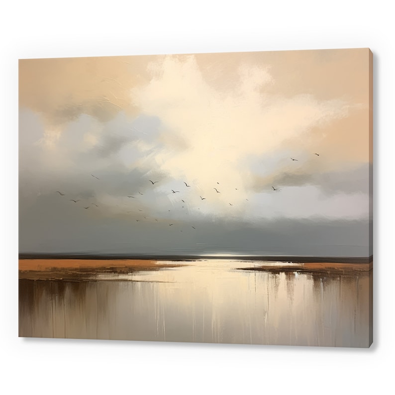 May include: A painting depicting a landscape with a body of water in the foreground and a cloudy sky in the background. The water is a light blue colour and the sky is a light grey colour. There are a few birds flying in the sky.