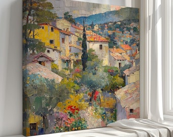 Village Hillside Canvas Print, Textured Impasto Landscape Art, Wall Hanging Decor