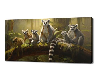 May include: A group of five ring-tailed lemurs sitting on a tree branch in a lush green forest. The lemurs are all looking at the camera, and the one in the front has its tail wrapped around the branch. The background is a blur of green leaves and branches.