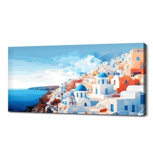 Santorini Island In Greece Canvas Print Wall Art, Modern Design Home Office Decor, Famous Landmarks Skyline Colourful Abstract Print