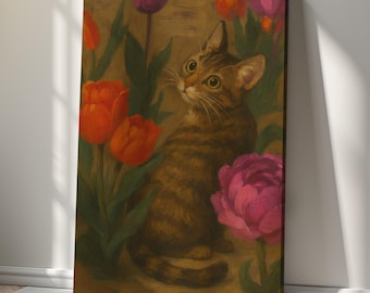 Cat in Tulip Garden – Floral Canvas Print Wall Art