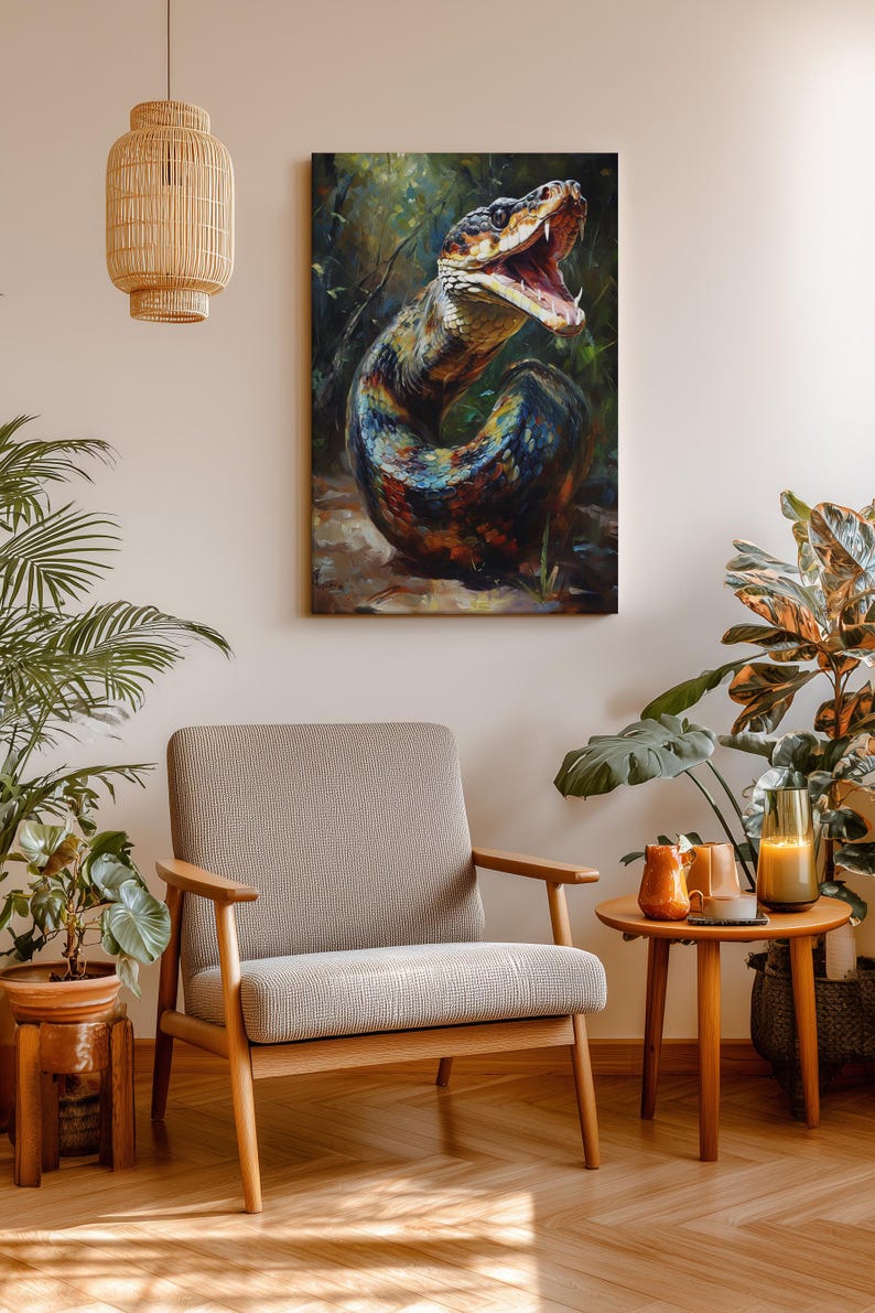 May include: A rectangular wall art print featuring a vibrant, painterly depiction of a coiled snake with its mouth open, displaying sharp teeth. The snake has iridescent scales in shades of blue, green, orange, and black, set against a dark, forest-like background.