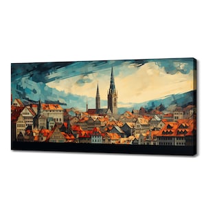 Bern Capital Of Switzerland Canvas Print Wall Art, Modern Design Home Office Decor, Famous Landmarks Skyline Colourful Painting Style Print