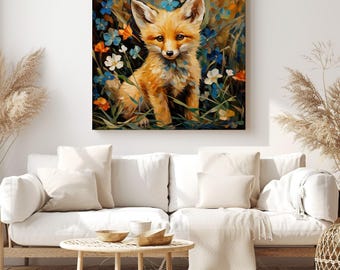 Cute Baby Fox Painting Canvas Print Wall Art – Woodland Animals Rustic Decor – Red Foxes Illustration for Nursery, Bedroom or Living Room